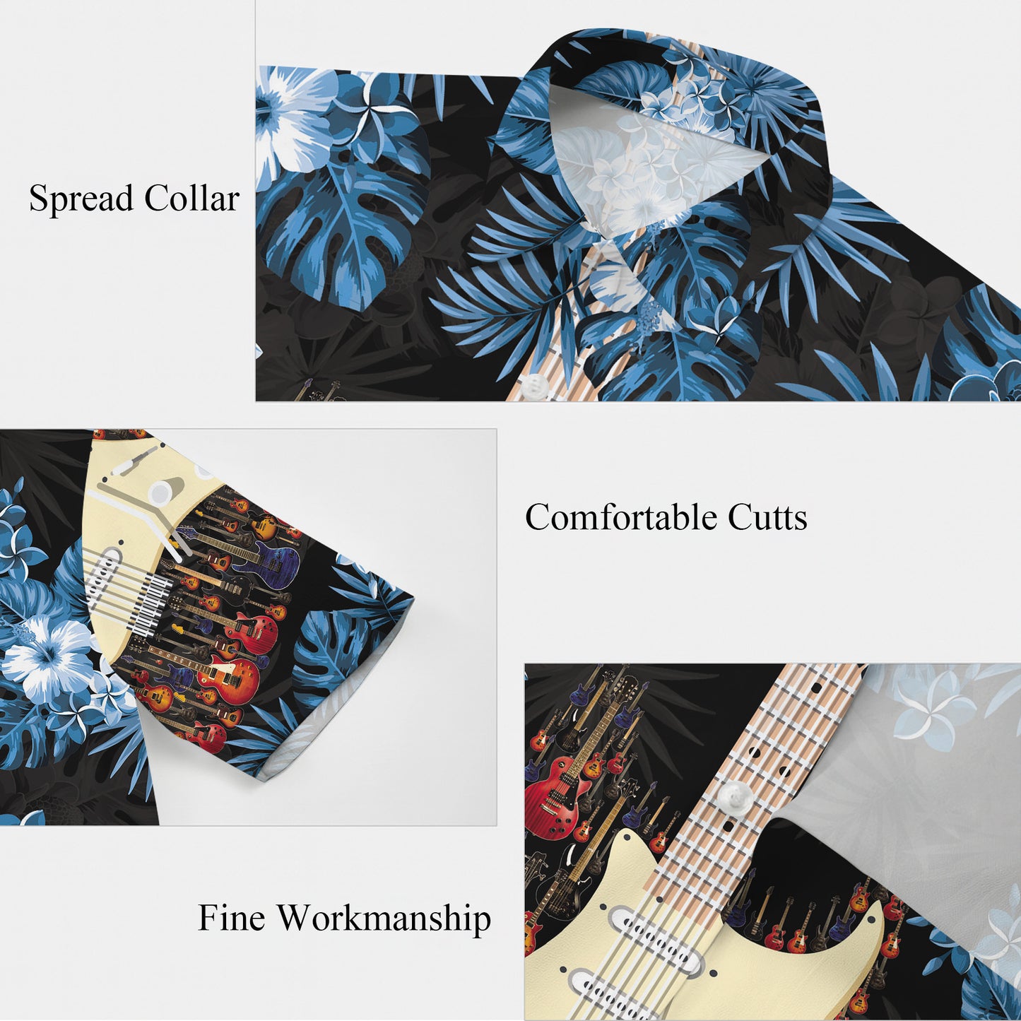 Guitars & Blue Tropical Flowers Dark Hawaiian Shirt Men Aloha