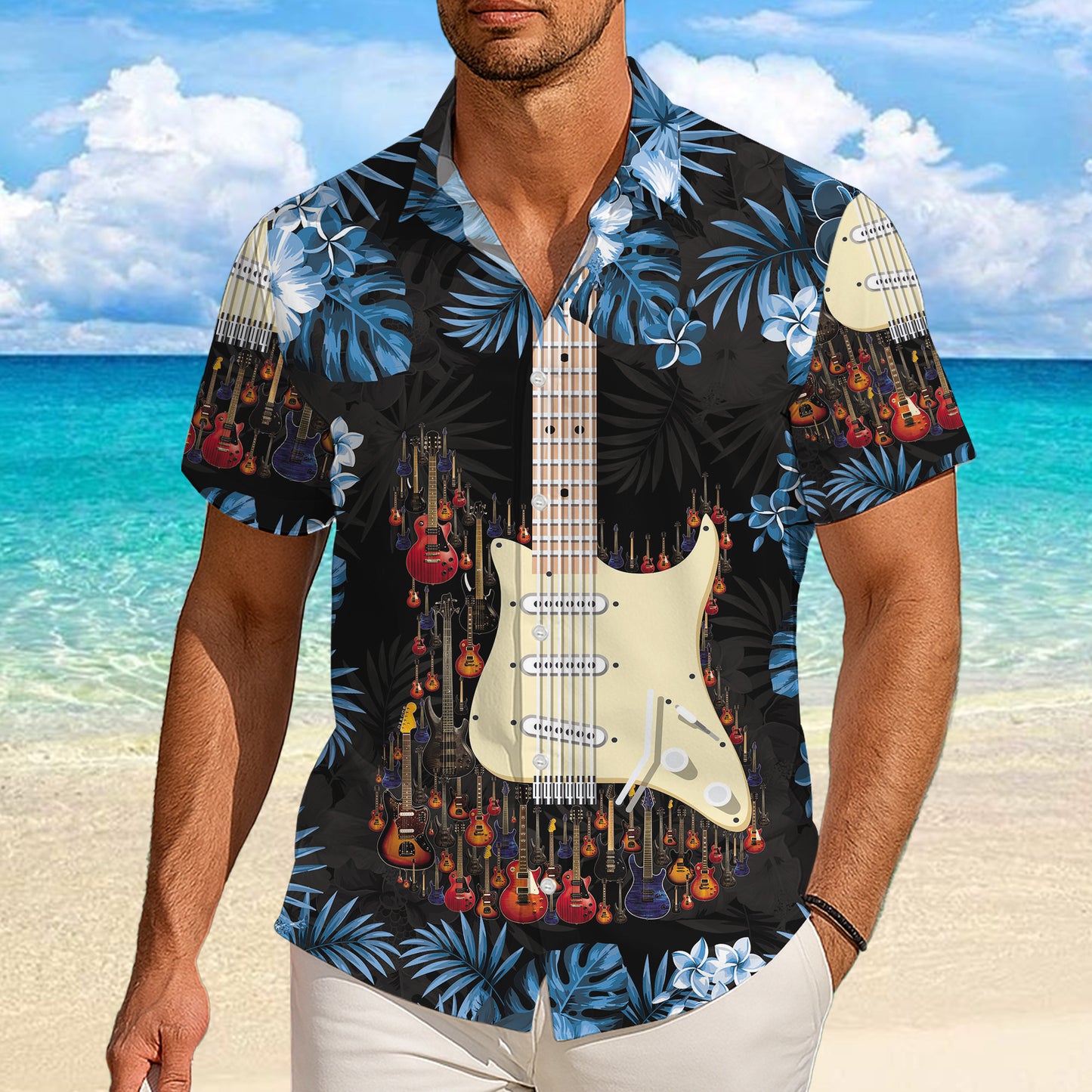 Guitars & Blue Tropical Flowers Dark Hawaiian Shirt Men Aloha