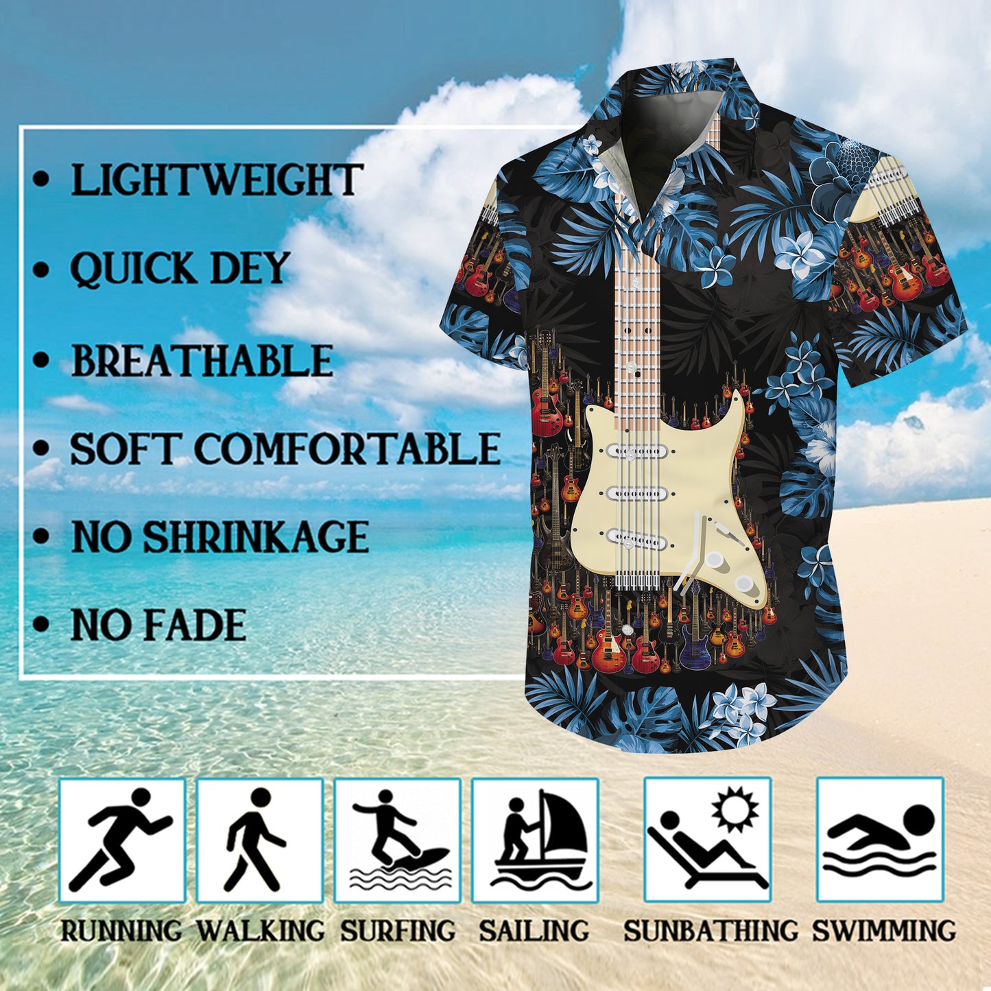 Guitars & Blue Tropical Flowers Dark Hawaiian Shirt Men Aloha