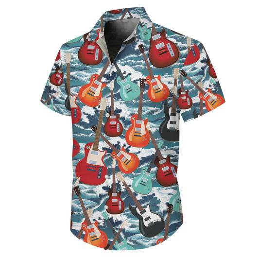 Guitars & Ocean Waves Hawaiian Shirt Men Women Aloha Beach