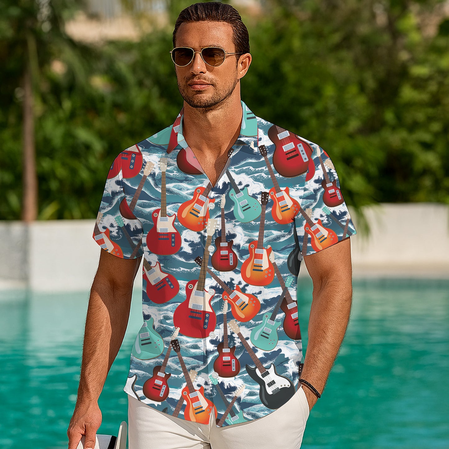 Guitars & Ocean Waves Hawaiian Shirt Men Women Aloha Beach