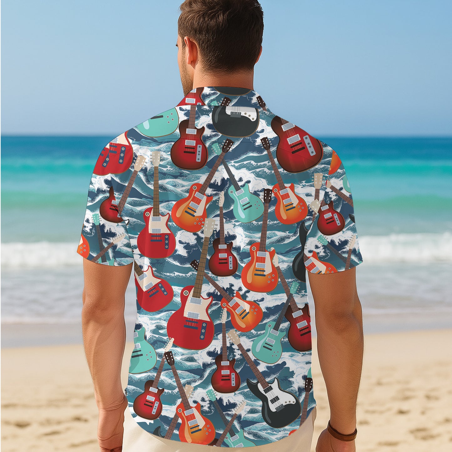 Guitars & Ocean Waves Hawaiian Shirt Men Women Aloha Beach