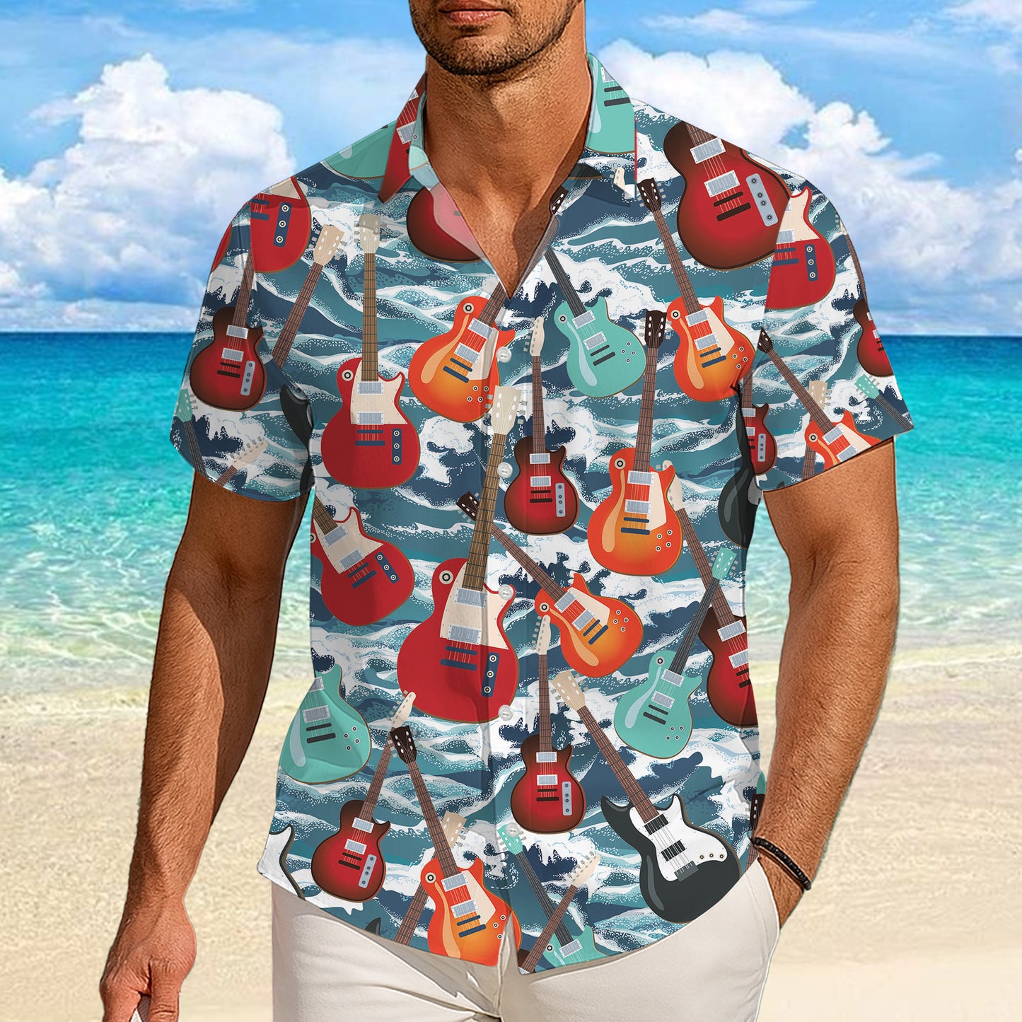 Guitars & Ocean Waves Hawaiian Shirt Men Women Aloha Beach