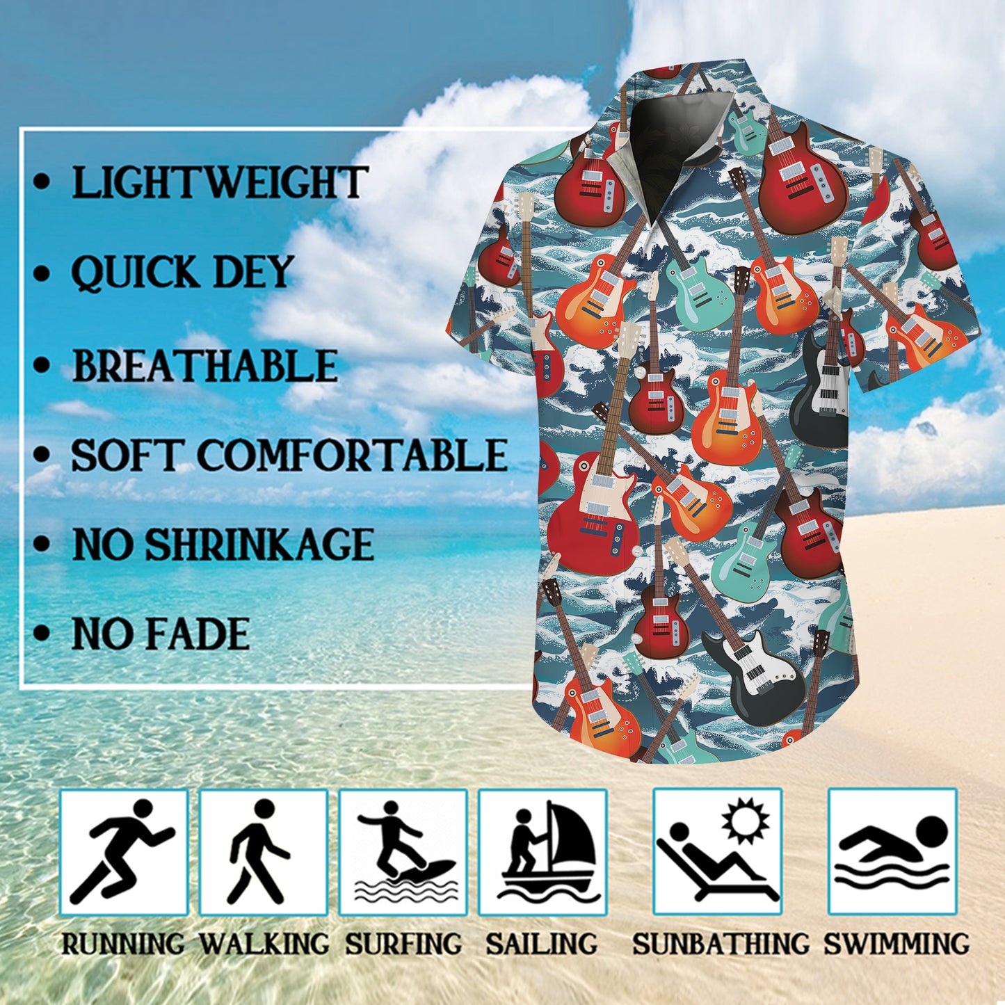 Guitars & Ocean Waves Hawaiian Shirt Men Women Aloha Beach