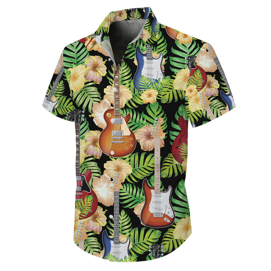 Guitars, Palm Leaves & Tropical Flowers Dark Hawaiian Shirt Aloha