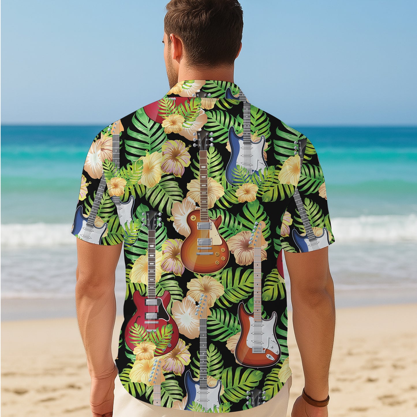 Guitars, Palm Leaves & Tropical Flowers Dark Hawaiian Shirt Aloha