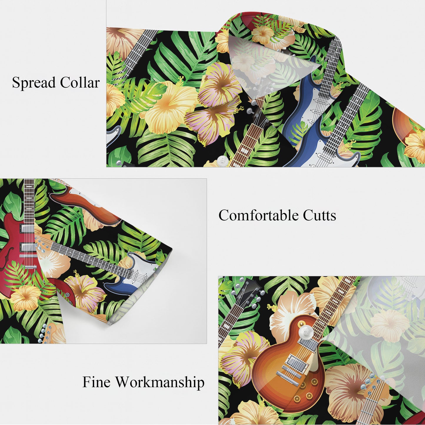 Guitars, Palm Leaves & Tropical Flowers Dark Hawaiian Shirt Aloha