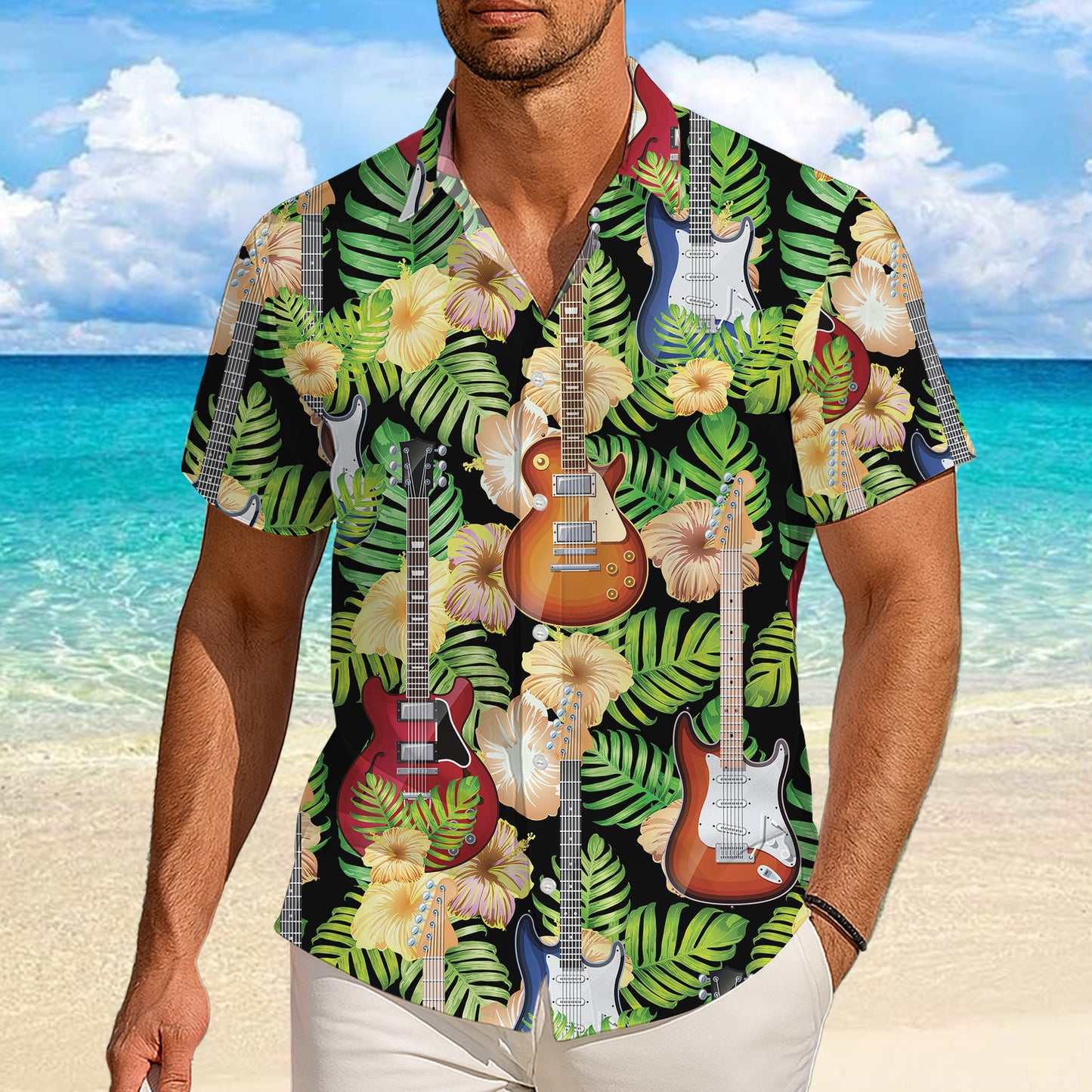 Guitars, Palm Leaves & Tropical Flowers Dark Hawaiian Shirt Aloha