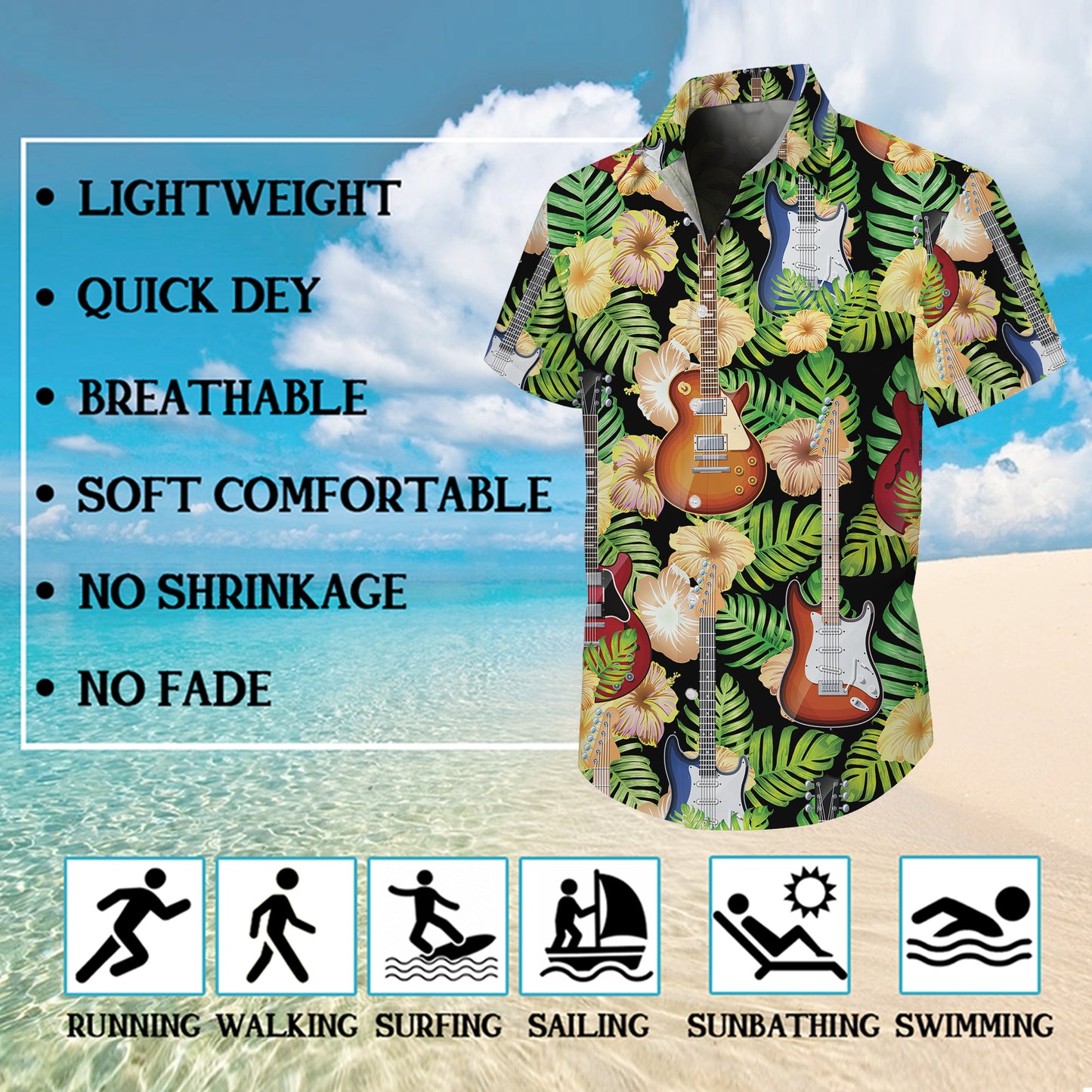 Guitars, Palm Leaves & Tropical Flowers Dark Hawaiian Shirt Aloha