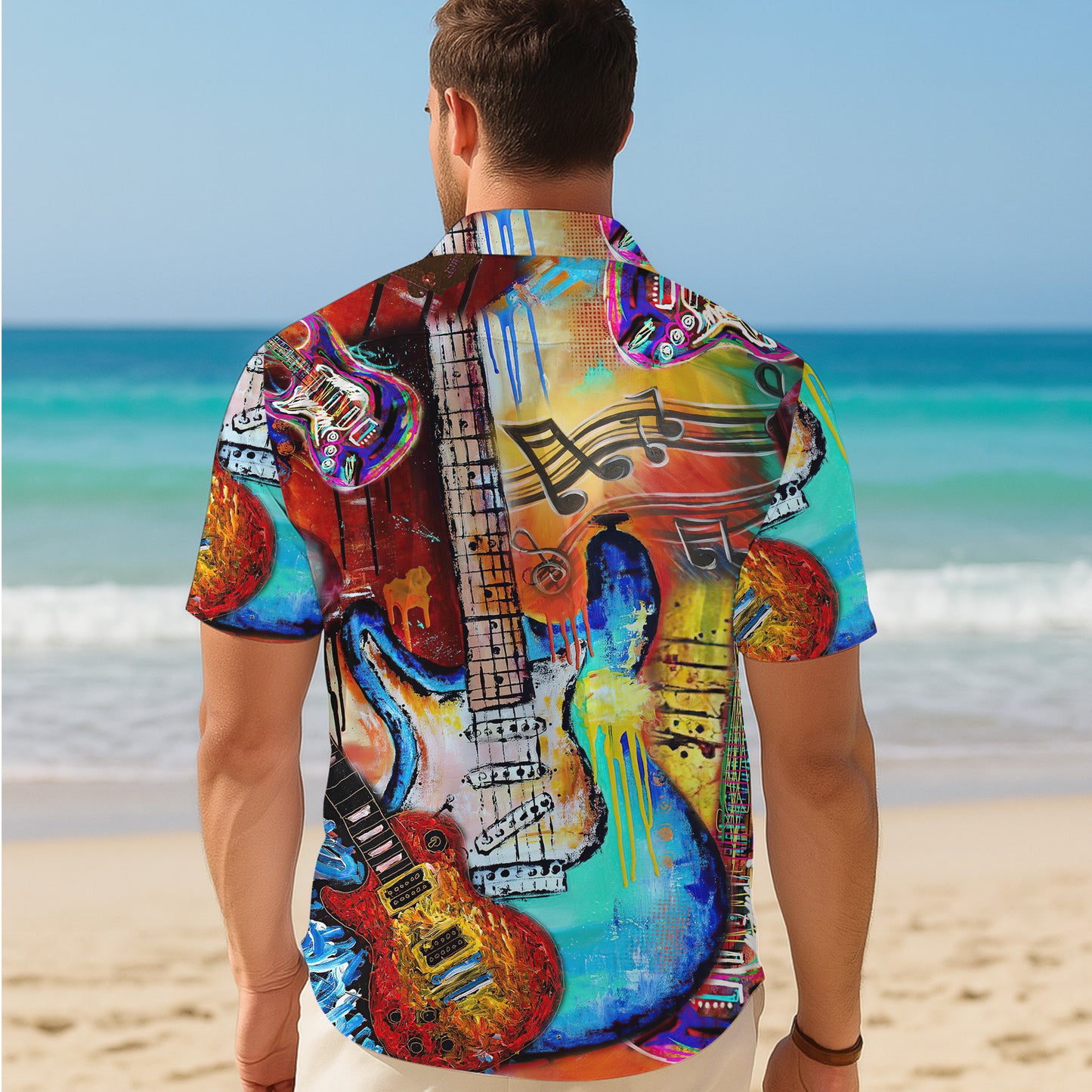 Abstract Colorful Guitars & Music Notes Art Hawaiian Shirt Aloha