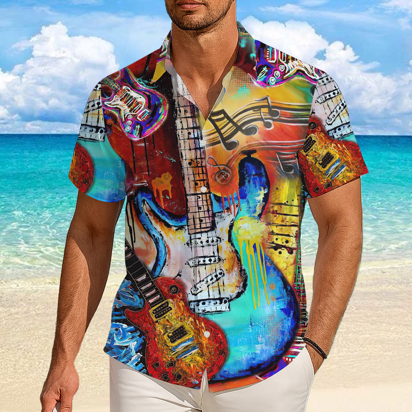 Abstract Colorful Guitars & Music Notes Art Hawaiian Shirt Aloha