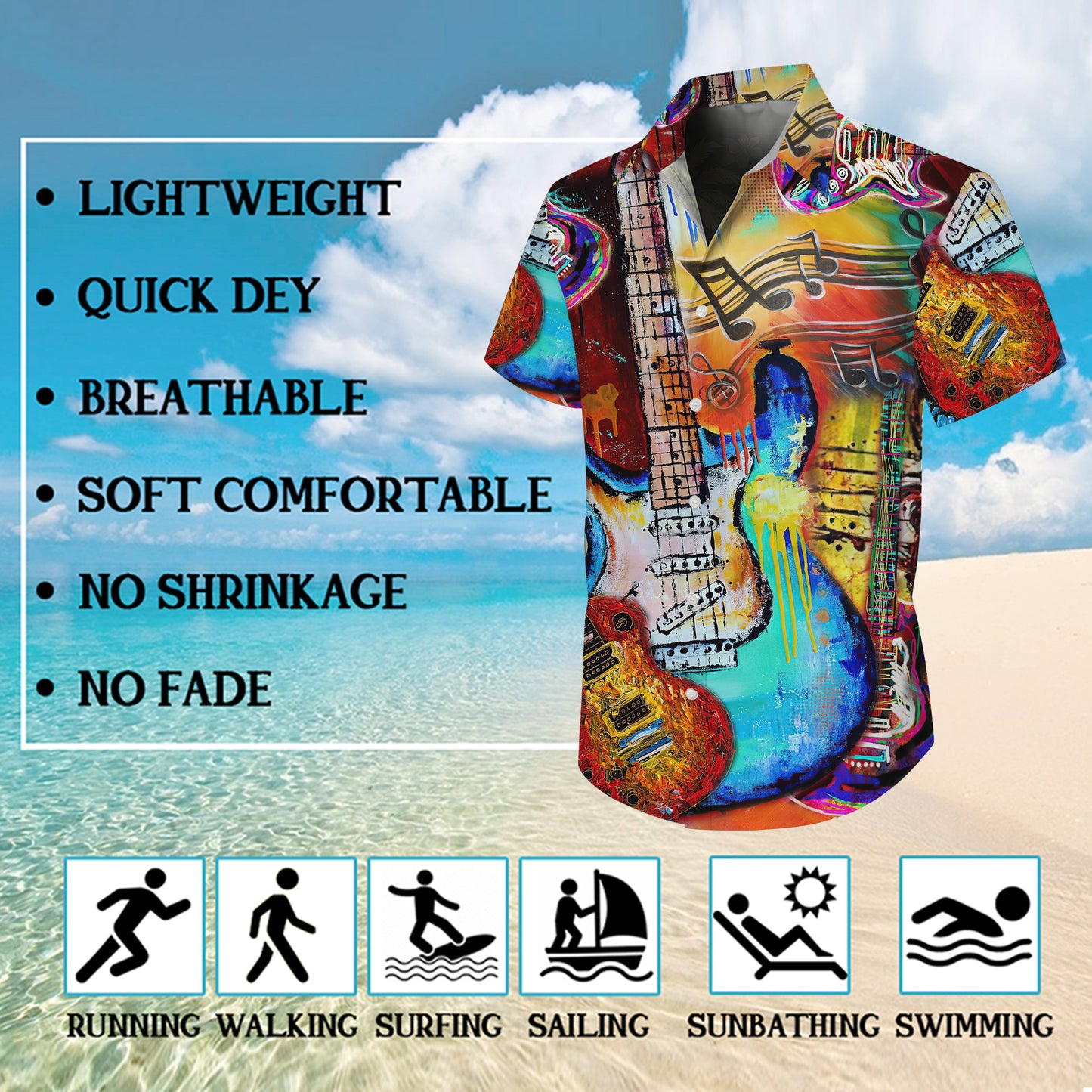 Abstract Colorful Guitars & Music Notes Art Hawaiian Shirt Aloha