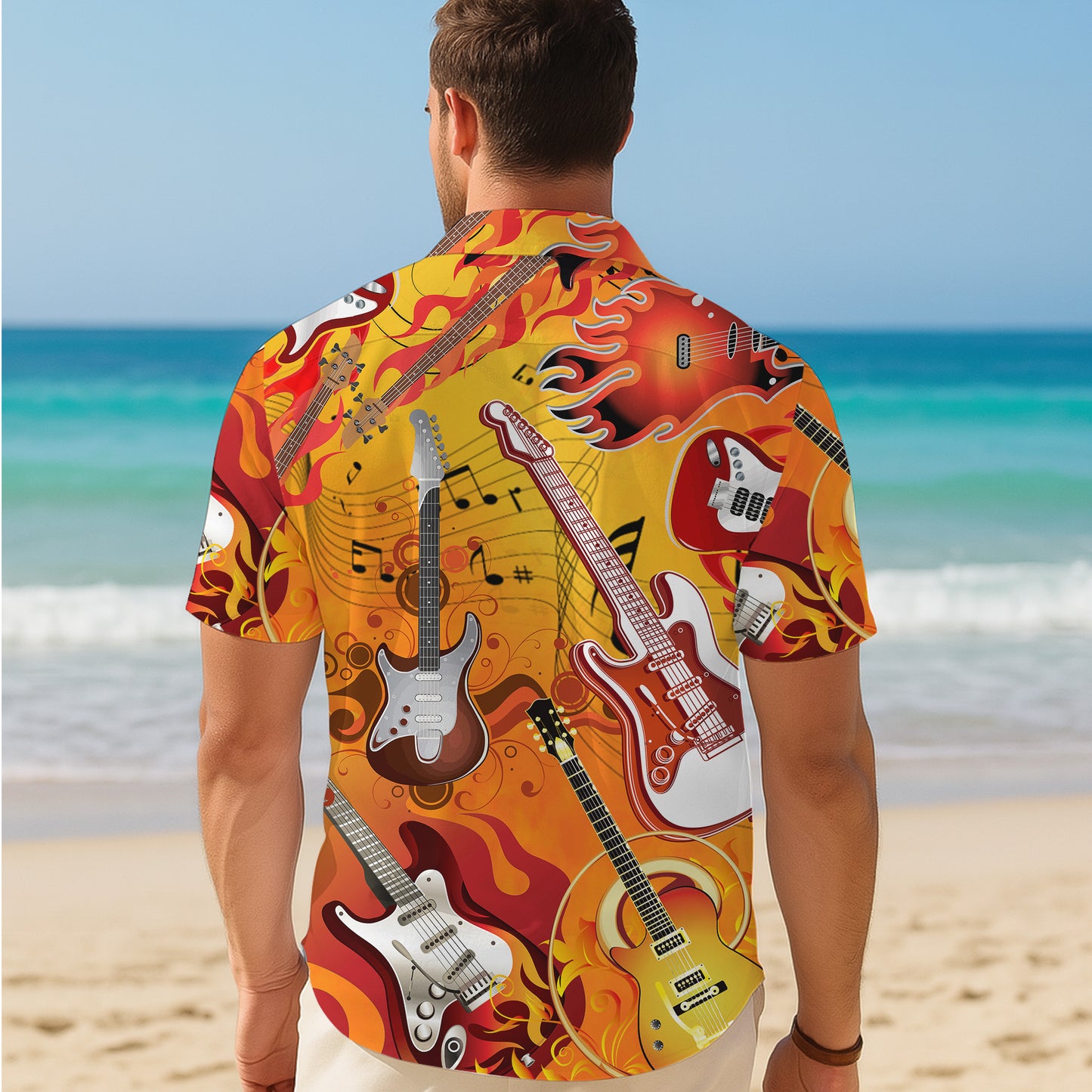 Rock Electric Guitars & Fiery Flames Hawaiian Shirt Men Women Aloha