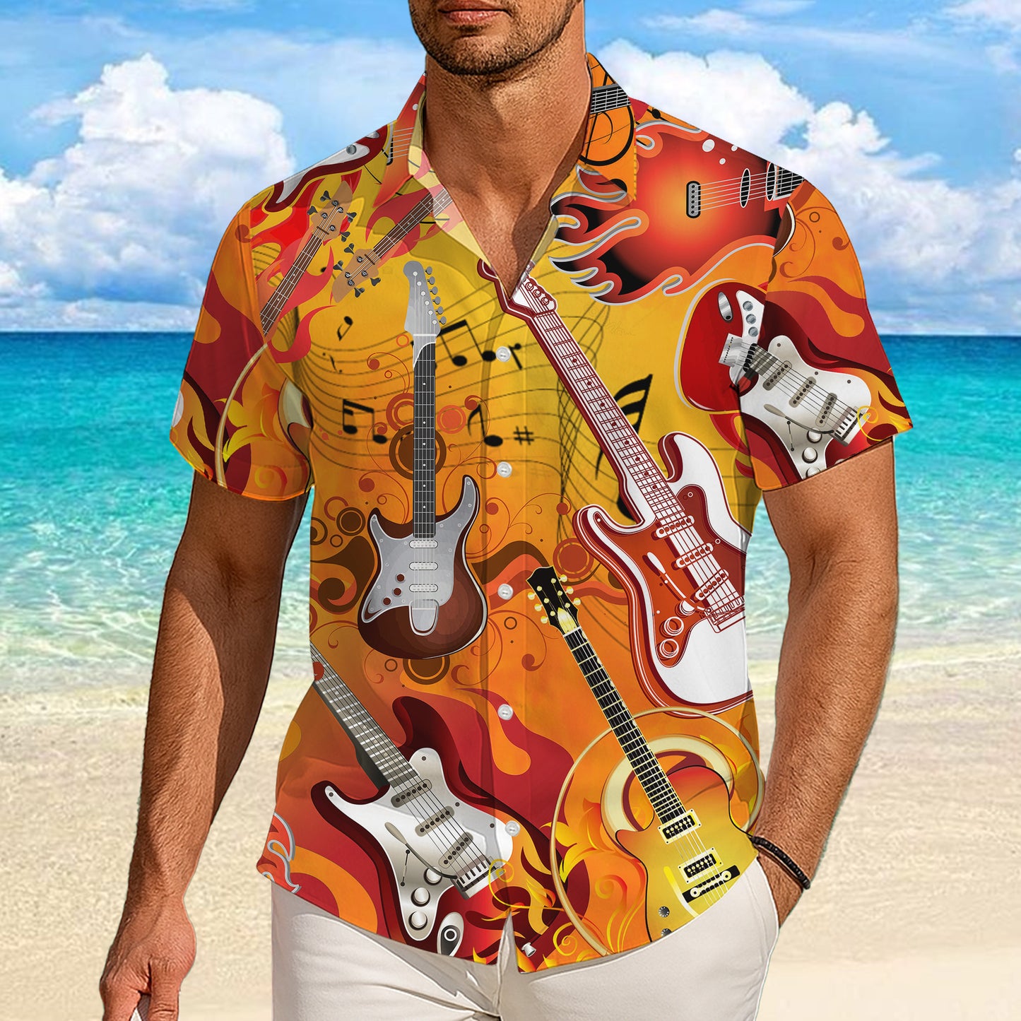 Rock Electric Guitars & Fiery Flames Hawaiian Shirt Men Women Aloha