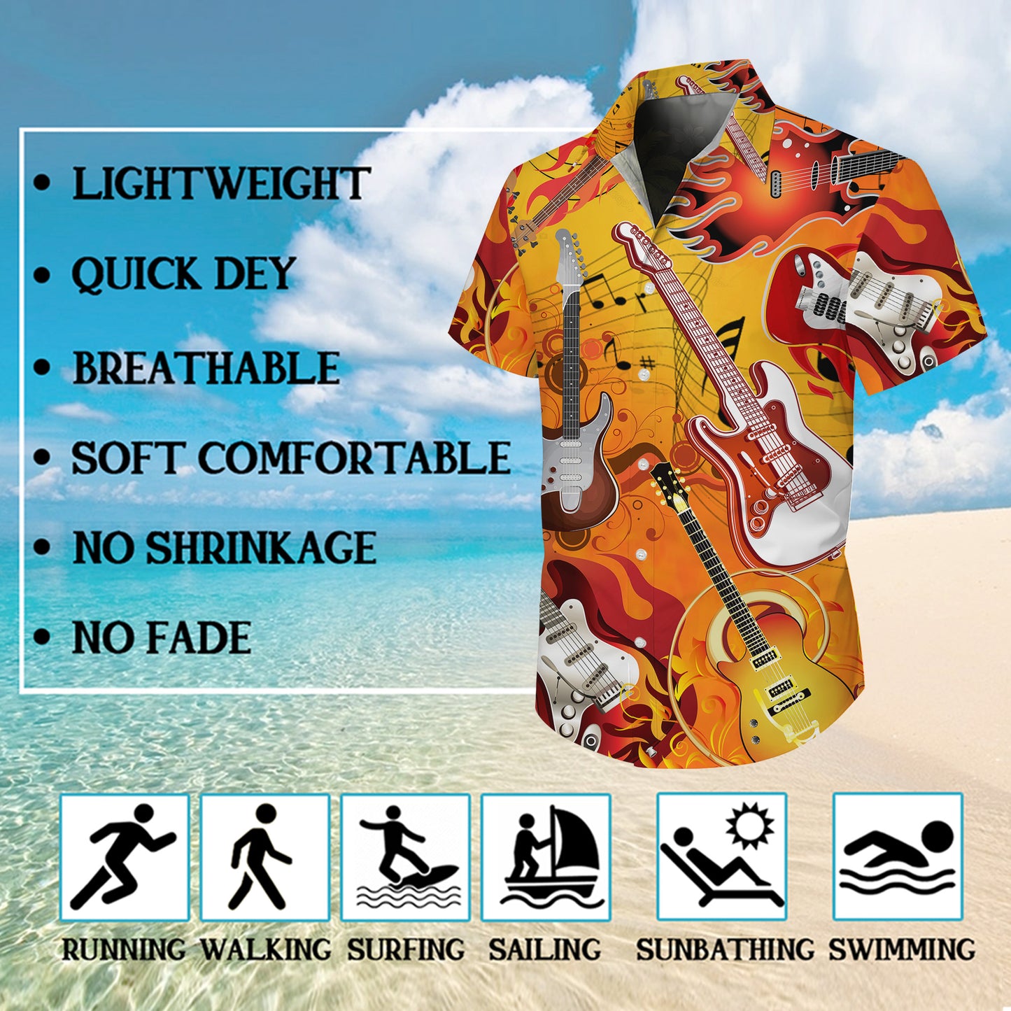 Rock Electric Guitars & Fiery Flames Hawaiian Shirt Men Women Aloha