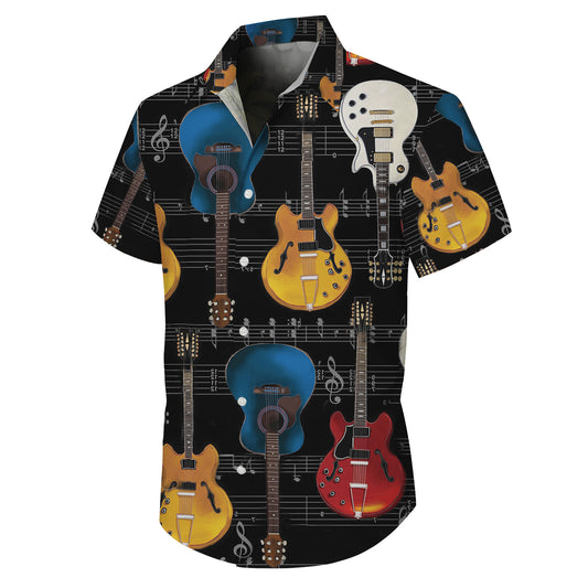 Guitars & Musical Sheet Notes Dark Hawaiian Shirt Men Women Aloha