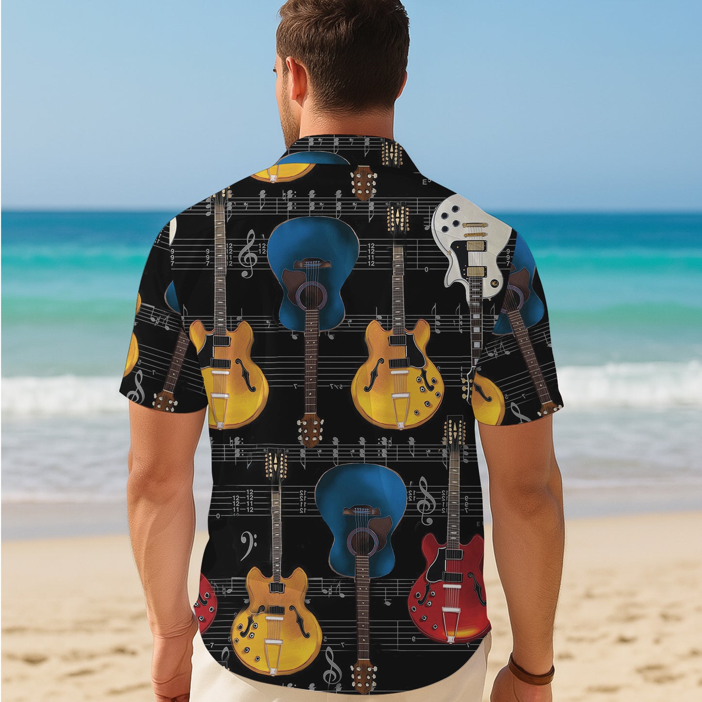 Guitars & Musical Sheet Notes Dark Hawaiian Shirt Men Women Aloha