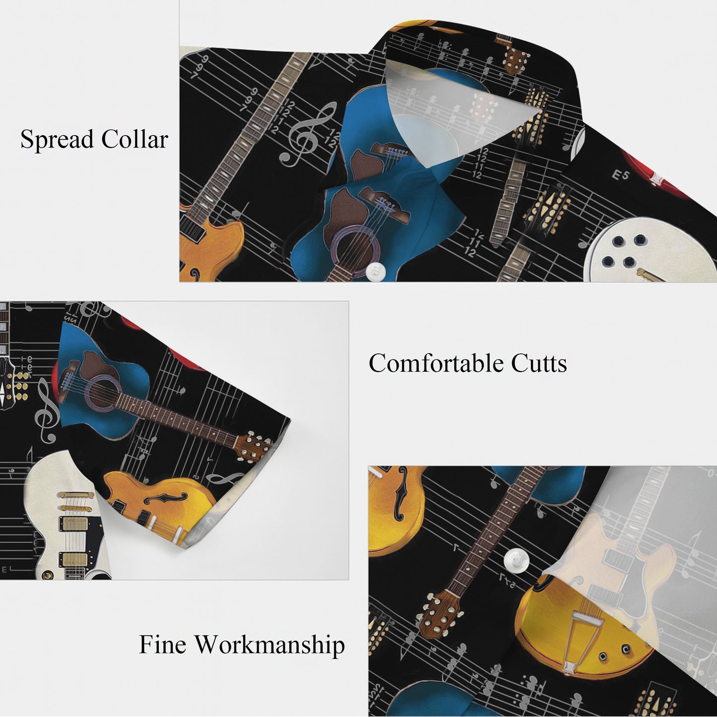 Guitars & Musical Sheet Notes Dark Hawaiian Shirt Men Women Aloha