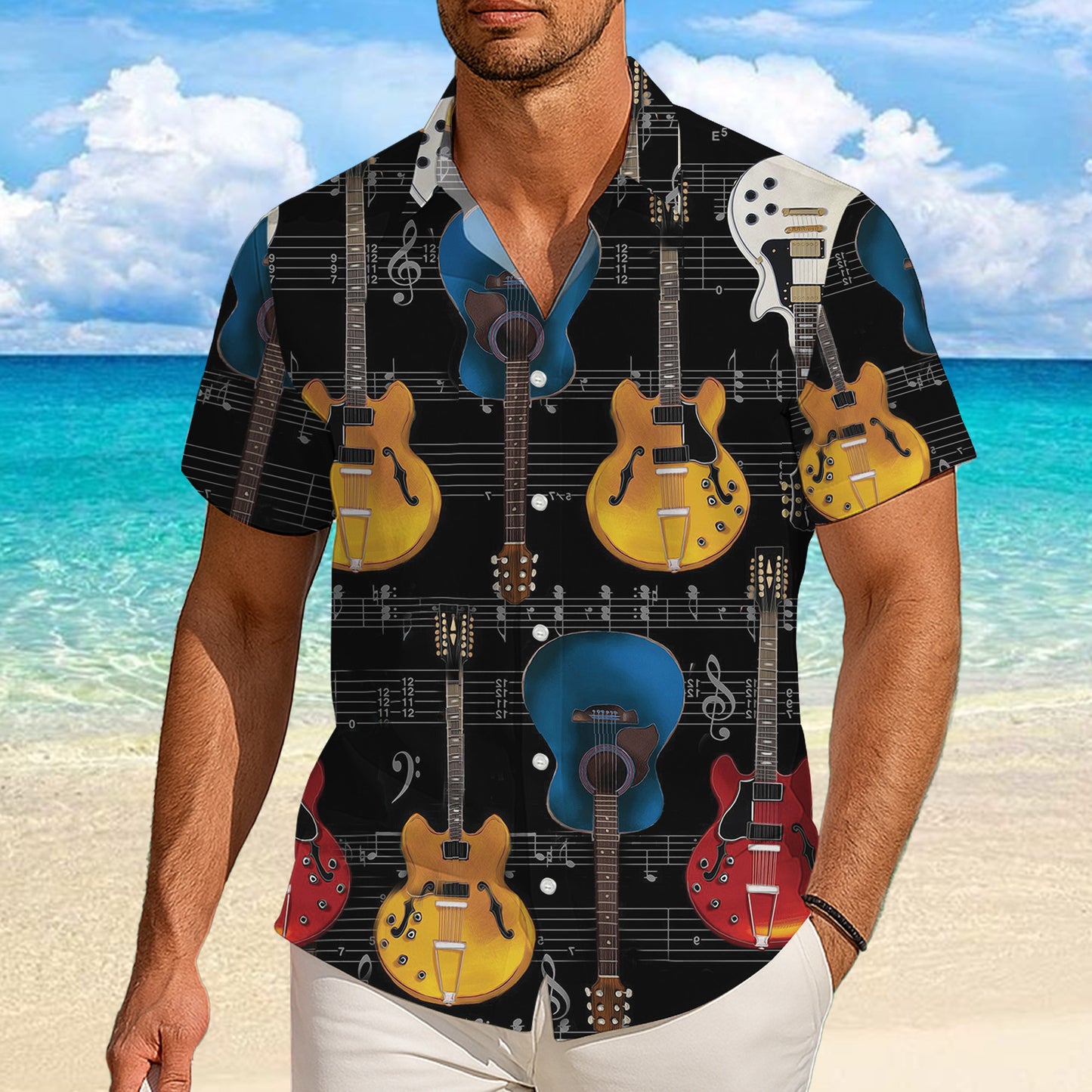 Guitars & Musical Sheet Notes Dark Hawaiian Shirt Men Women Aloha