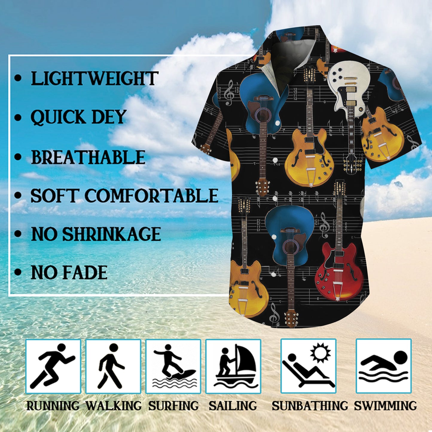 Guitars & Musical Sheet Notes Dark Hawaiian Shirt Men Women Aloha