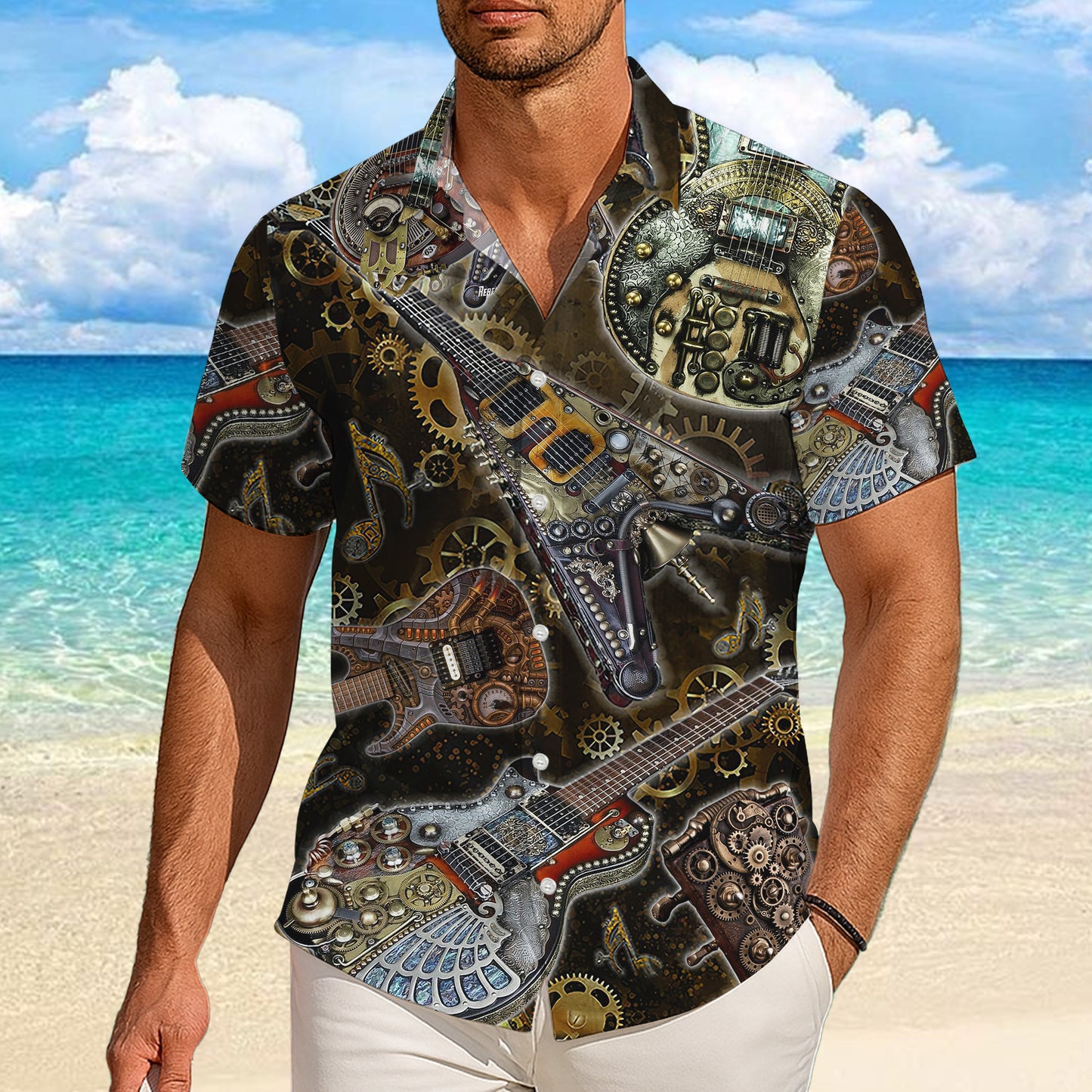 Steampunk Guitars & Mechanical Gears Hawaiian Shirt Men Women Aloha