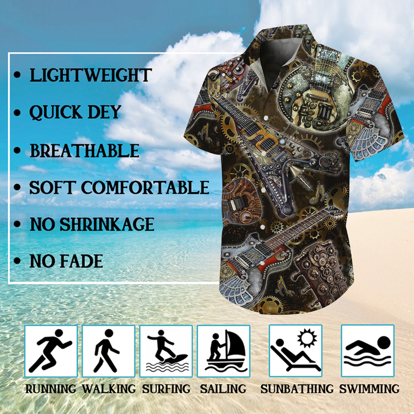 Steampunk Guitars & Mechanical Gears Hawaiian Shirt Men Women Aloha