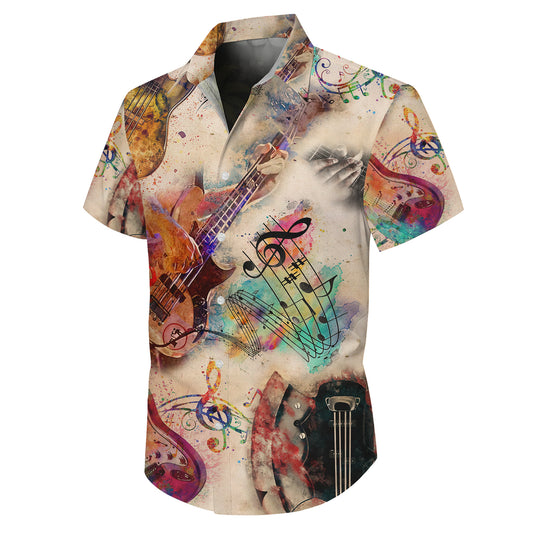 Watercolor Guitars & Music Notes Light Hawaiian Shirt Aloha