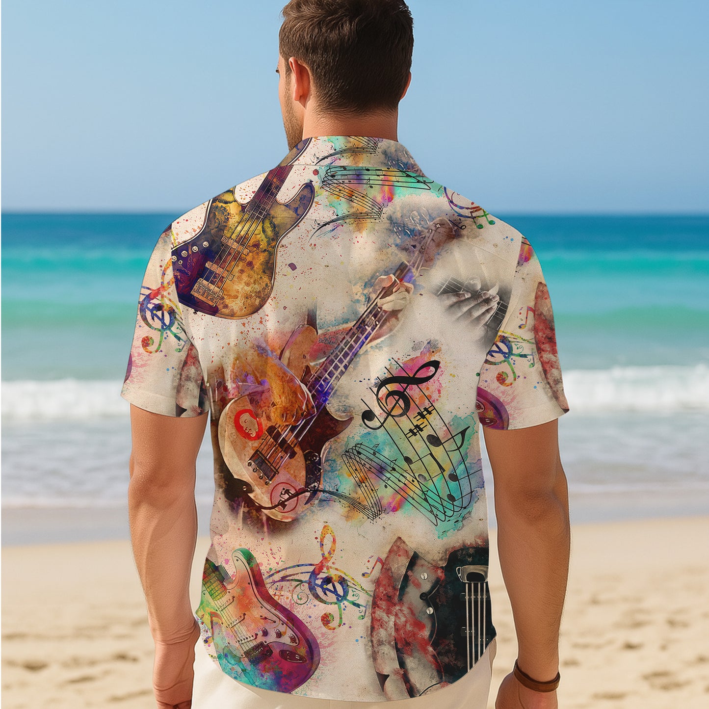 Watercolor Guitars & Music Notes Light Hawaiian Shirt Aloha
