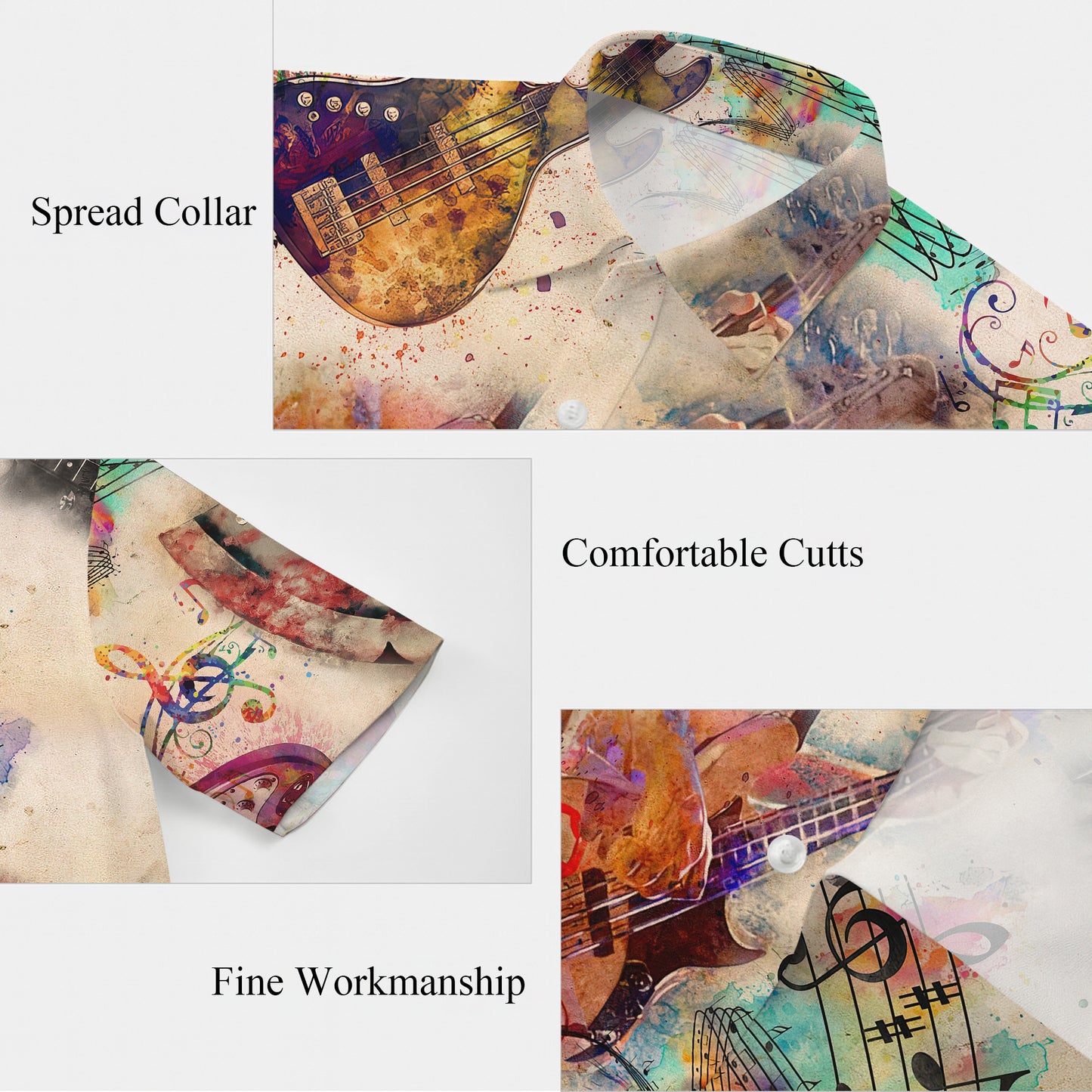 Watercolor Guitars & Music Notes Light Hawaiian Shirt Aloha