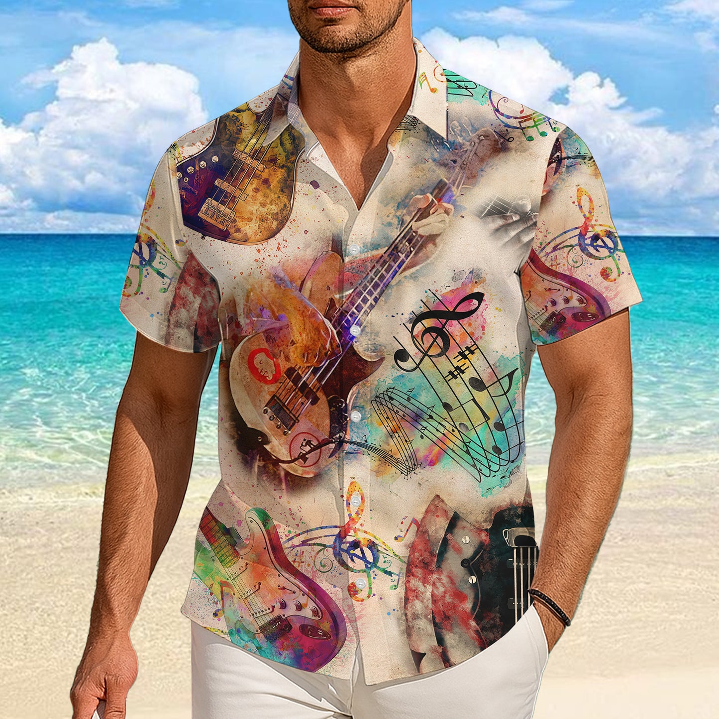 Watercolor Guitars & Music Notes Light Hawaiian Shirt Aloha