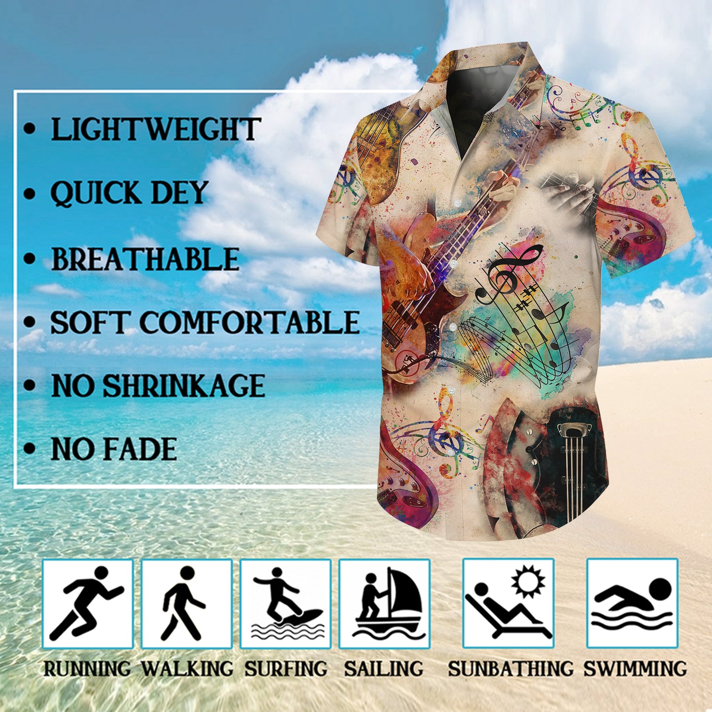 Watercolor Guitars & Music Notes Light Hawaiian Shirt Aloha