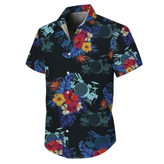 Drum Kit & Tropical Hibiscus Dark Hawaiian Shirt Men Women Aloha
