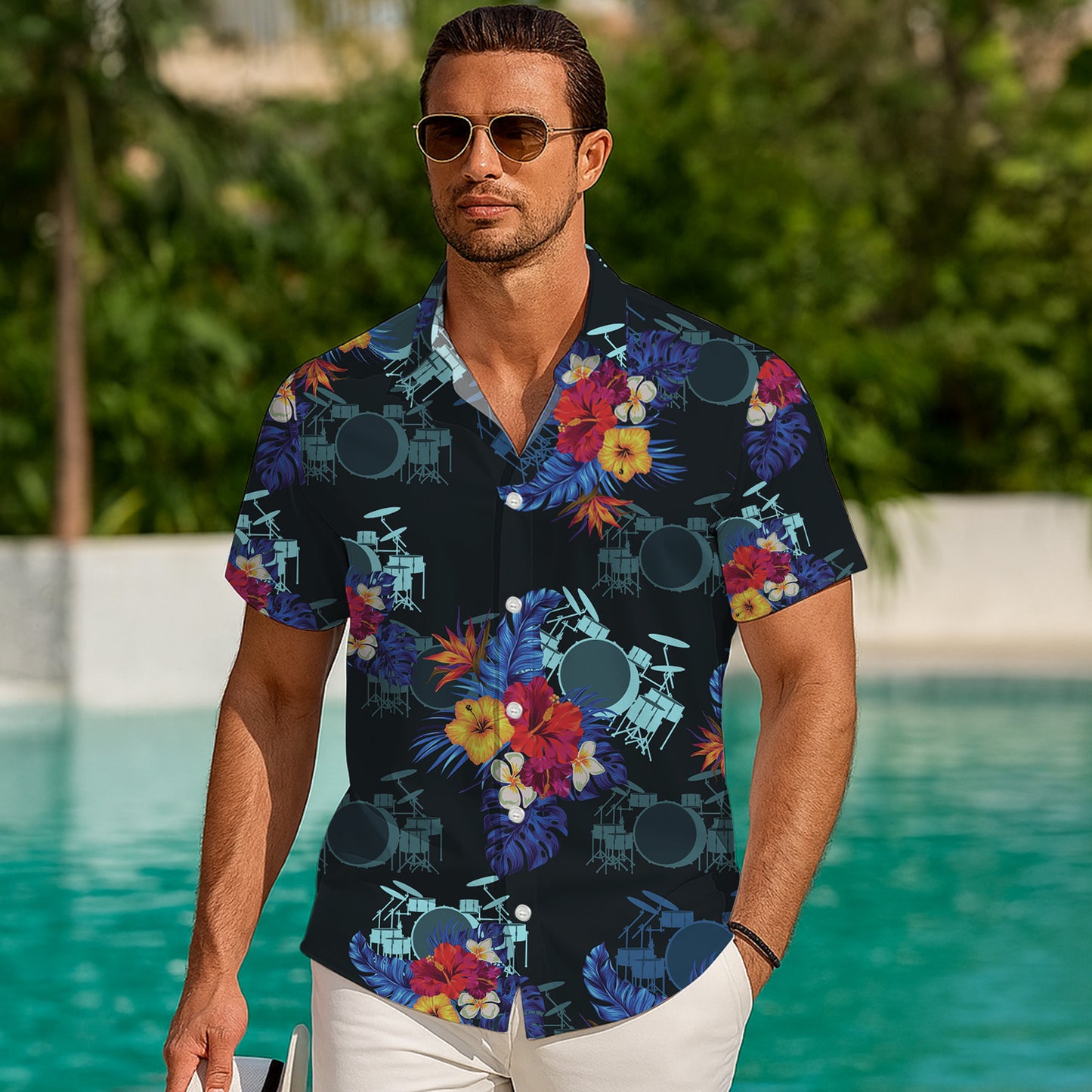 Drum Kit & Tropical Hibiscus Dark Hawaiian Shirt Men Women Aloha