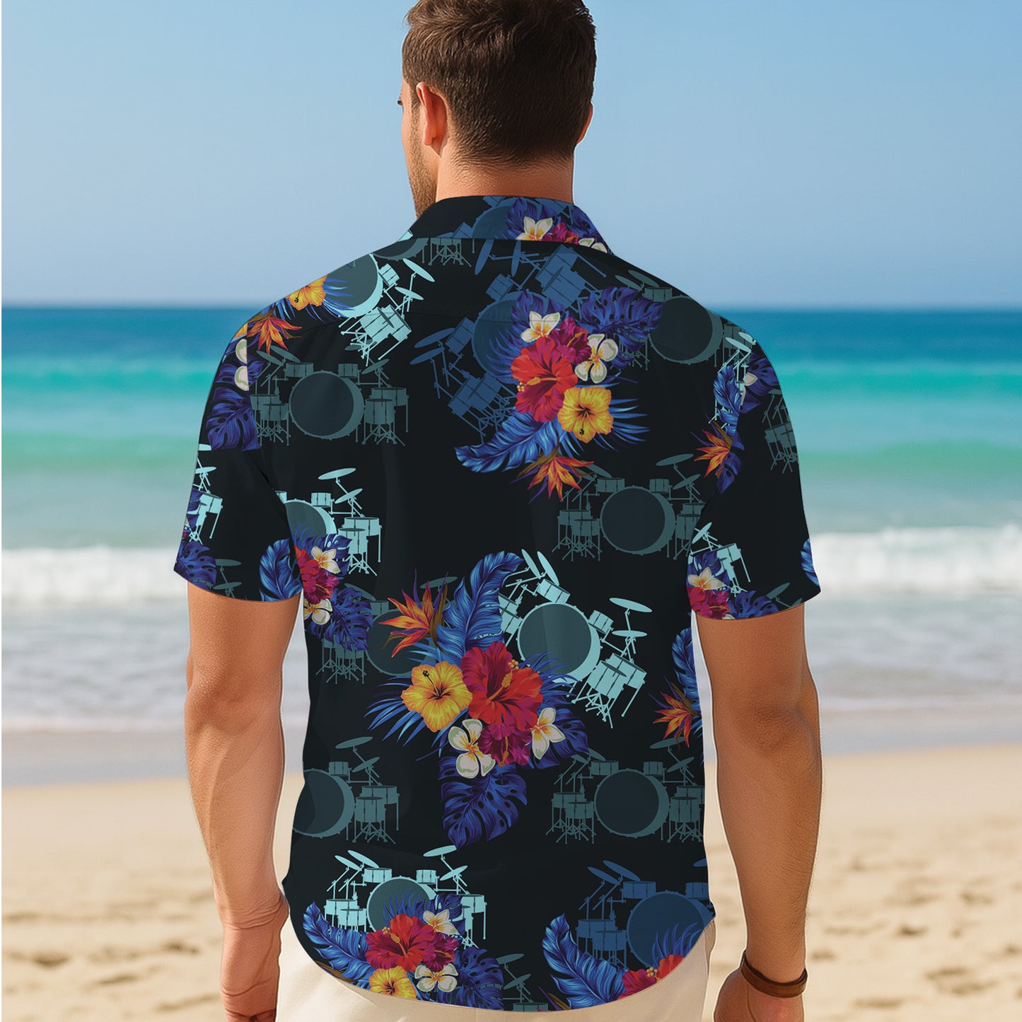 Drum Kit & Tropical Hibiscus Dark Hawaiian Shirt Men Women Aloha