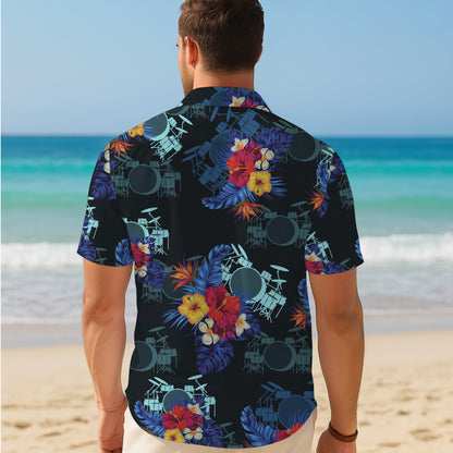 Drum Kit & Tropical Hibiscus Dark Hawaiian Shirt Men Women Aloha