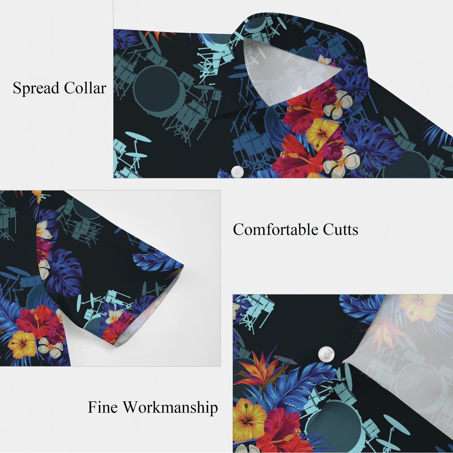 Drum Kit & Tropical Hibiscus Dark Hawaiian Shirt Men Women Aloha