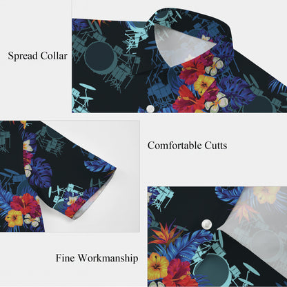 Drum Kit & Tropical Hibiscus Dark Hawaiian Shirt Men Women Aloha