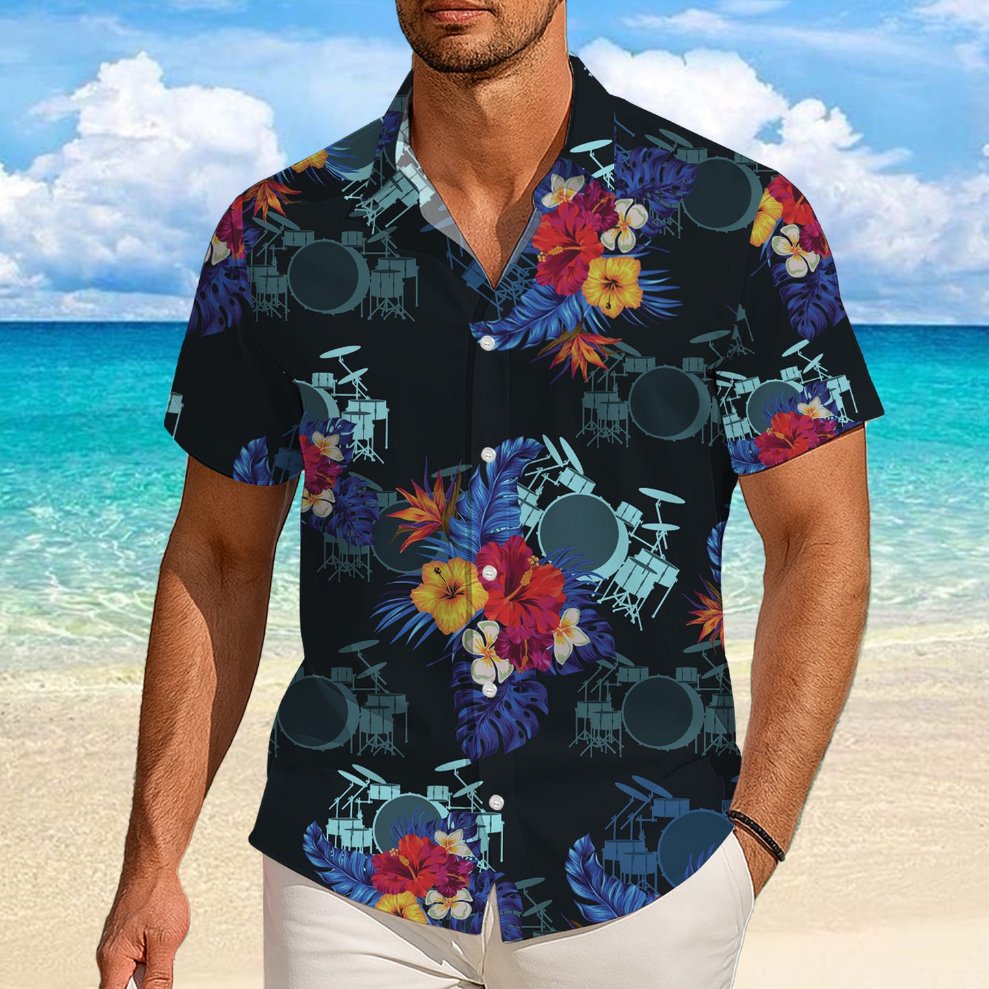 Drum Kit & Tropical Hibiscus Dark Hawaiian Shirt Men Women Aloha
