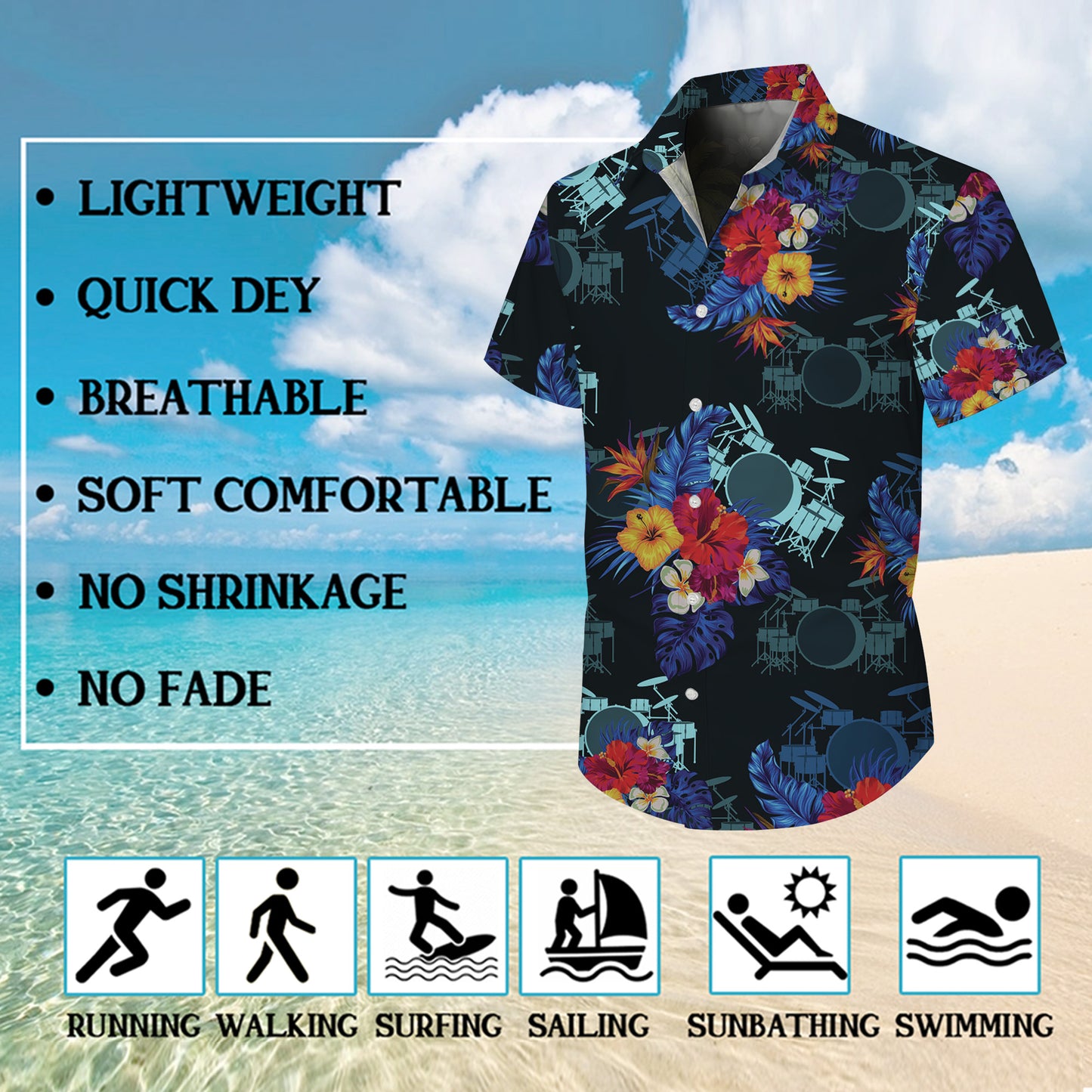 Drum Kit & Tropical Hibiscus Dark Hawaiian Shirt Men Women Aloha