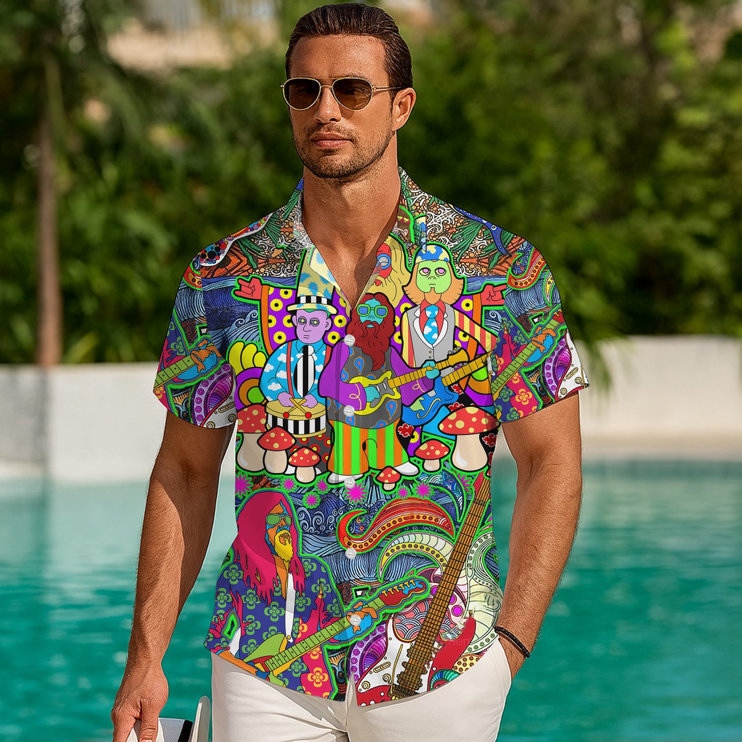 Psychedelic Band, Guitars & Mushrooms Art Hawaiian Shirt Aloha