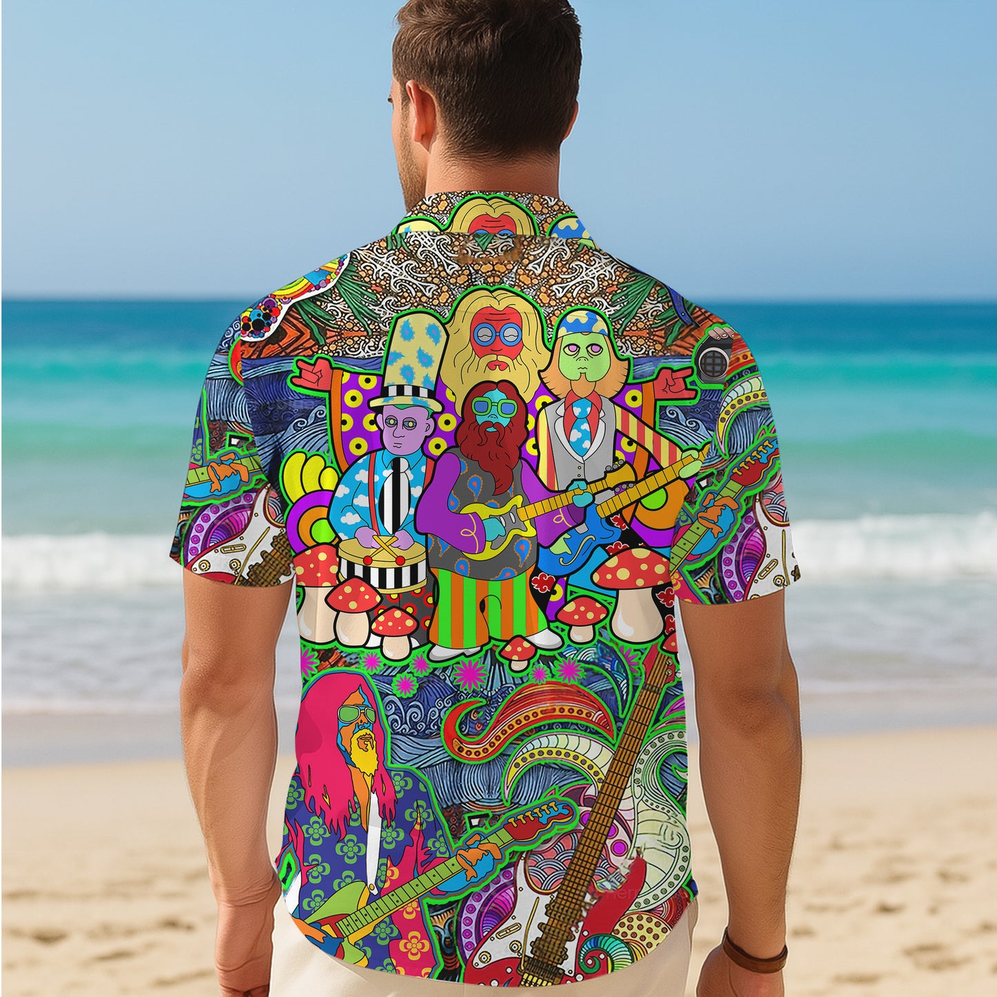 Psychedelic Band, Guitars & Mushrooms Art Hawaiian Shirt Aloha