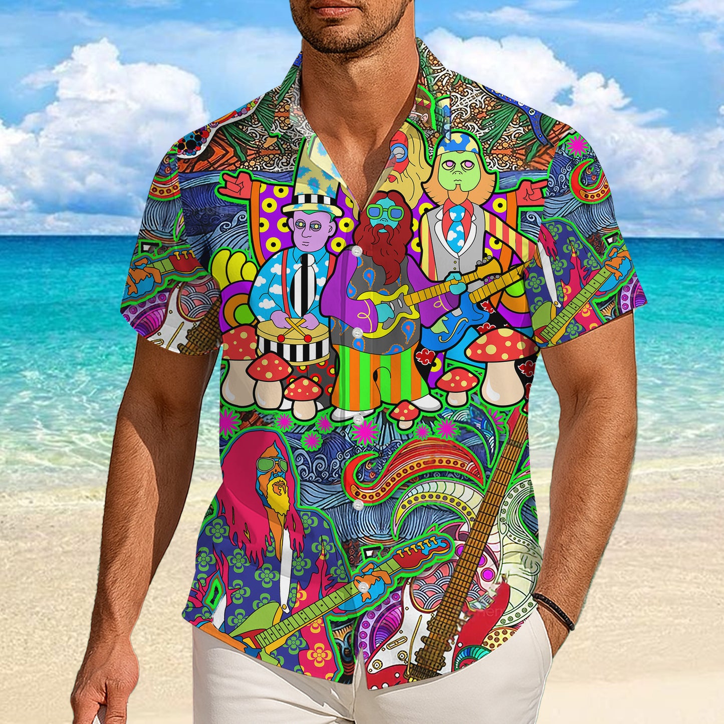 Psychedelic Band, Guitars & Mushrooms Art Hawaiian Shirt Aloha