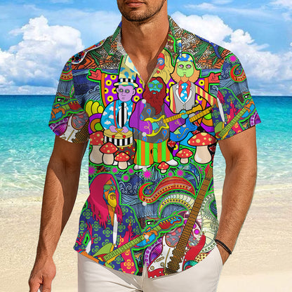Psychedelic Band, Guitars & Mushrooms Art Hawaiian Shirt Aloha