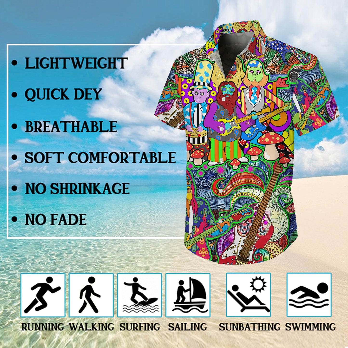 Psychedelic Band, Guitars & Mushrooms Art Hawaiian Shirt Aloha