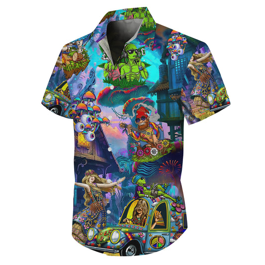 Psychedelic Alien & Retro Car Art Hawaiian Shirt Men Aloha