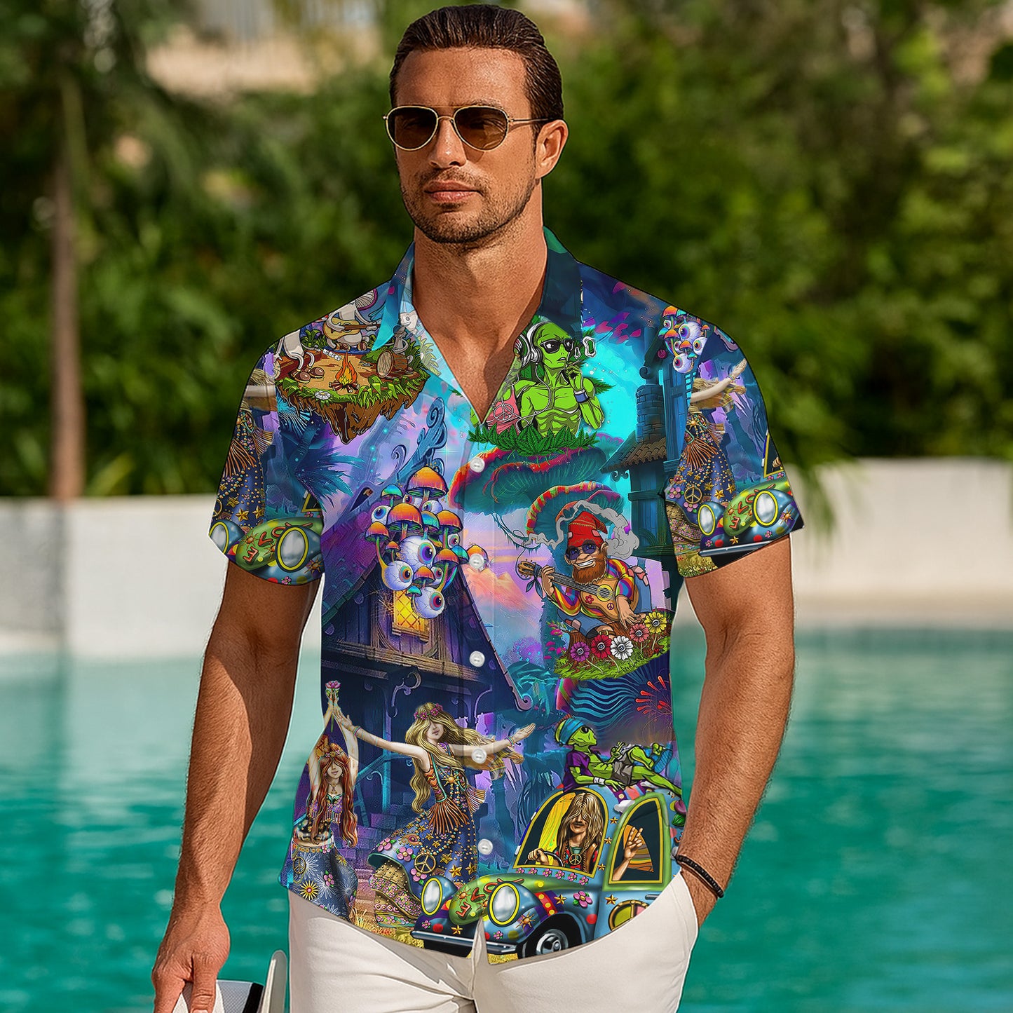 Psychedelic Alien & Retro Car Art Hawaiian Shirt Men Aloha