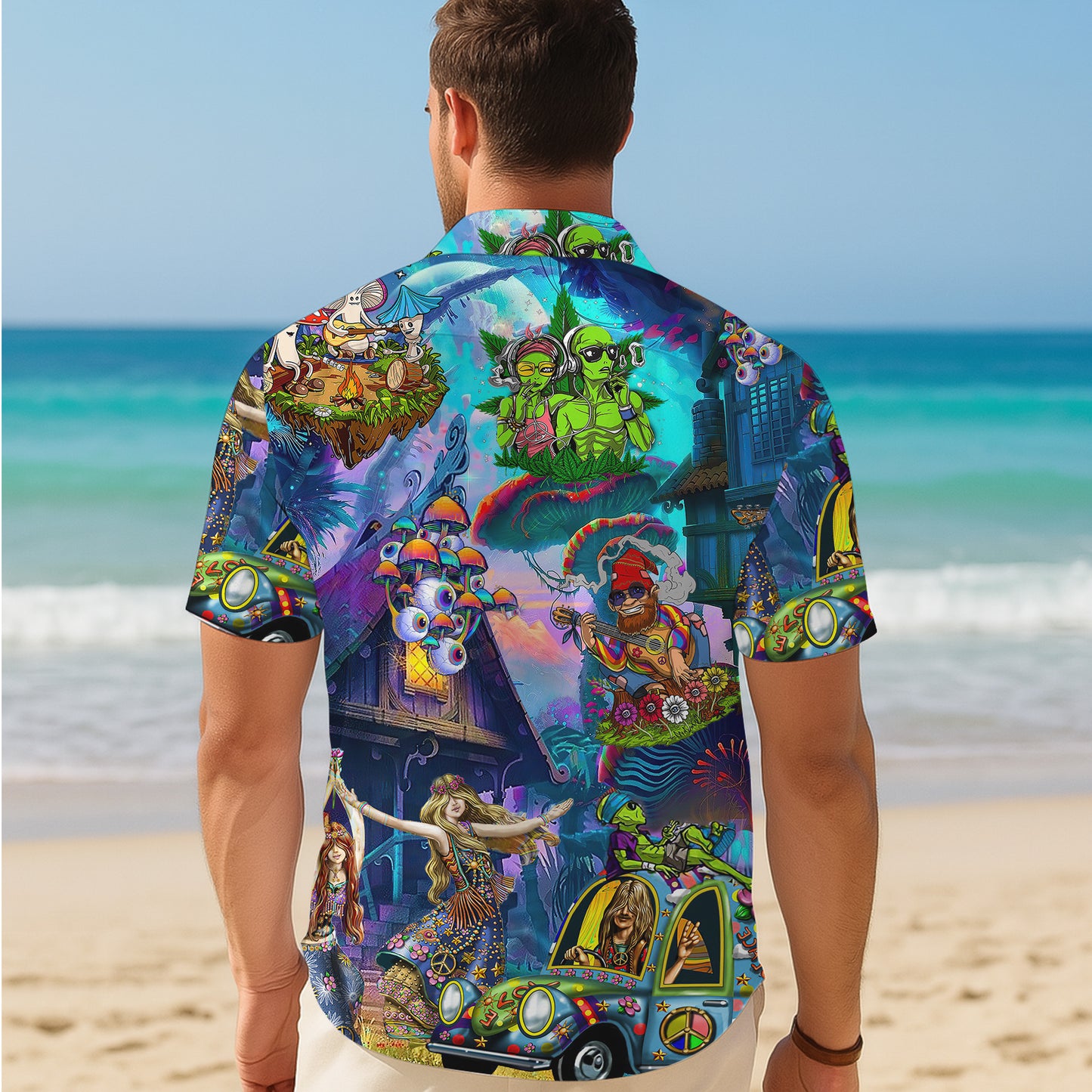 Psychedelic Alien & Retro Car Art Hawaiian Shirt Men Aloha
