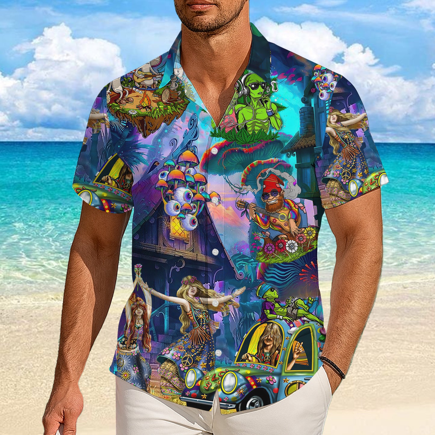 Psychedelic Alien & Retro Car Art Hawaiian Shirt Men Aloha