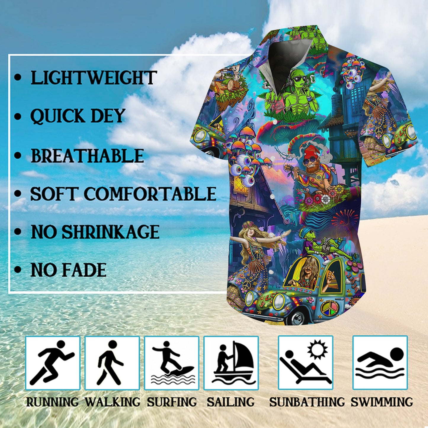 Psychedelic Alien & Retro Car Art Hawaiian Shirt Men Aloha