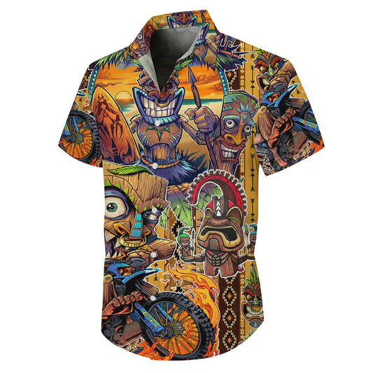 Tiki Masks, Dirt Bike & Sunset Beach Hawaiian Shirt Men Aloha